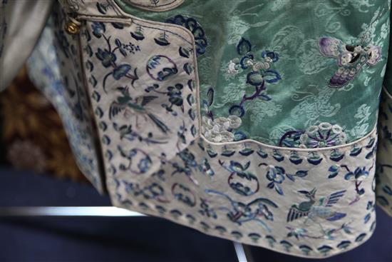 A Chinese embroidered silk mint green brocade robe, early 20th century,